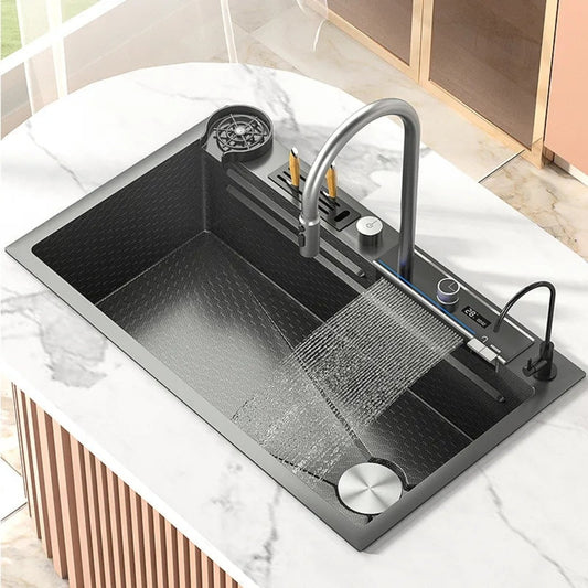 Waterfall Workstation Kitchen Sink Set With Digital Temperature Display& Knife Holder